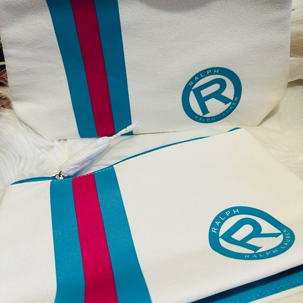 2 x Ralph Lauren White Cosmetic Pouch with Teal Logo 9 x 6 x 3,Price is Firm